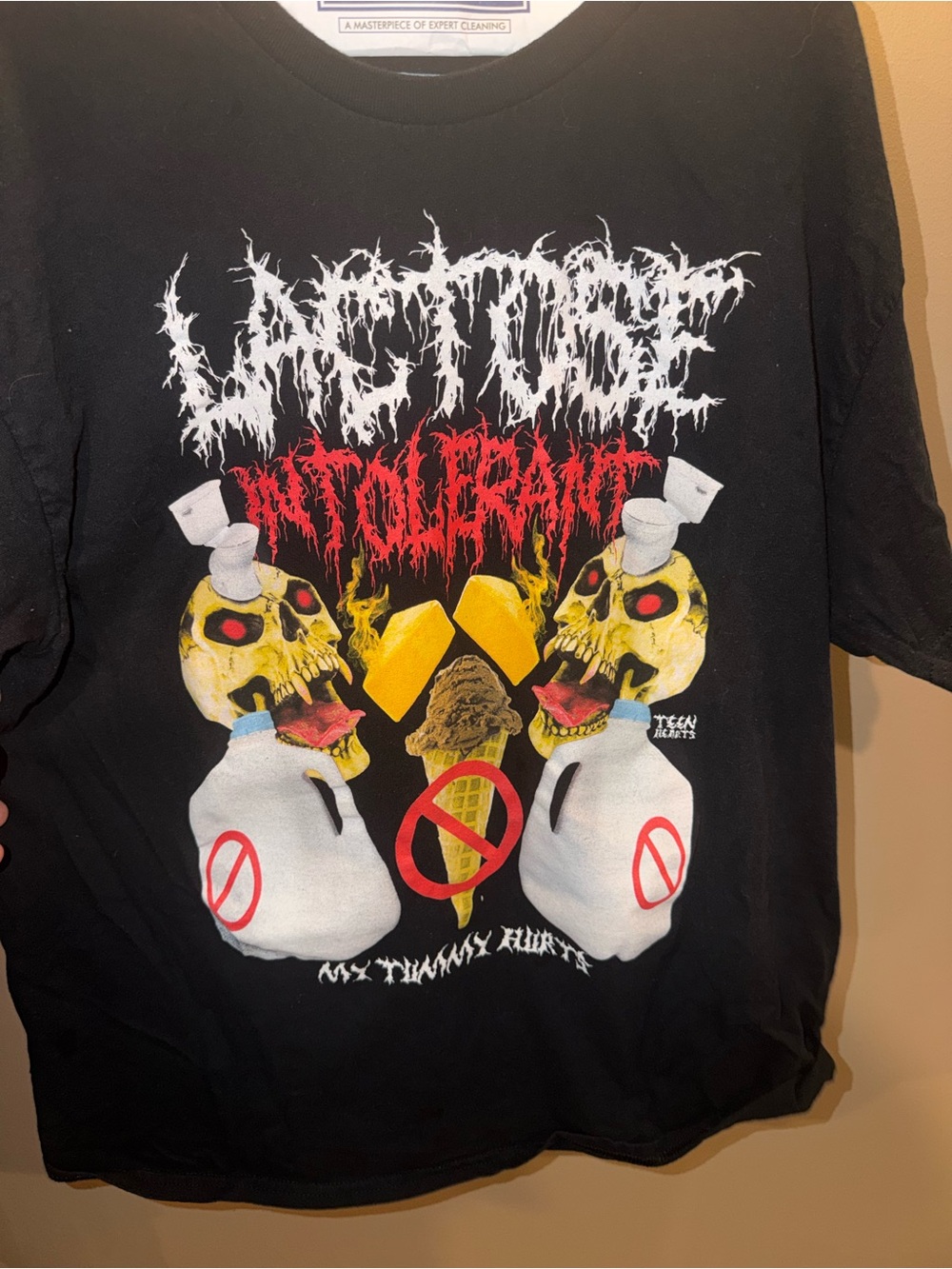 Lactose Intolerant Death Metal Font Graphic Tee with Skull, Ice Cream & Milk